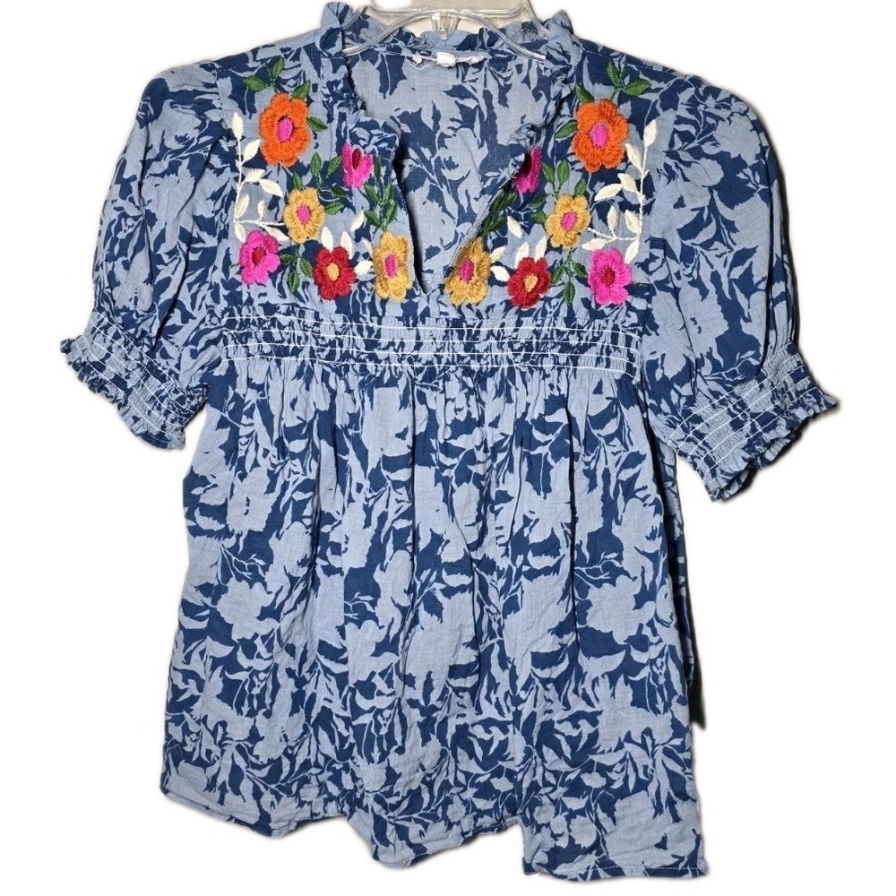 THML Women Sz S Blouse Embroidered Floral Smocked Puff Sleeve Top Blue Boho